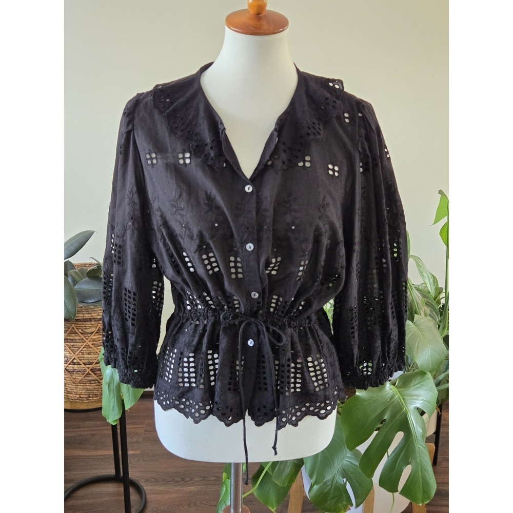 NWT Jennifer Grace Ruffled Eyelet Peasant Cotton Blouse Top Black Womens Large